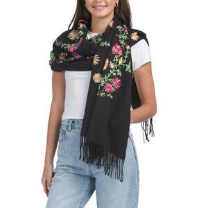 JESSICA MCCLINTOCK Black Embroidered Scarf With Fringe